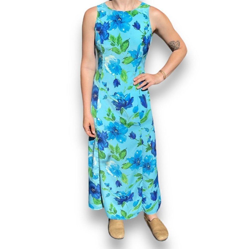 Vintage 90s Womens Blue Green Floral Boho Hawaiian Tropical Maxi Dress Sz M